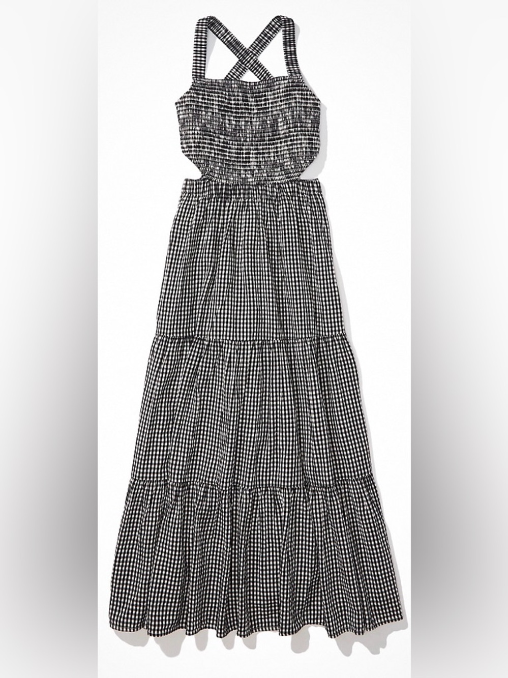 American Eagle Smocked Cut-Out Gingham Midi Dress